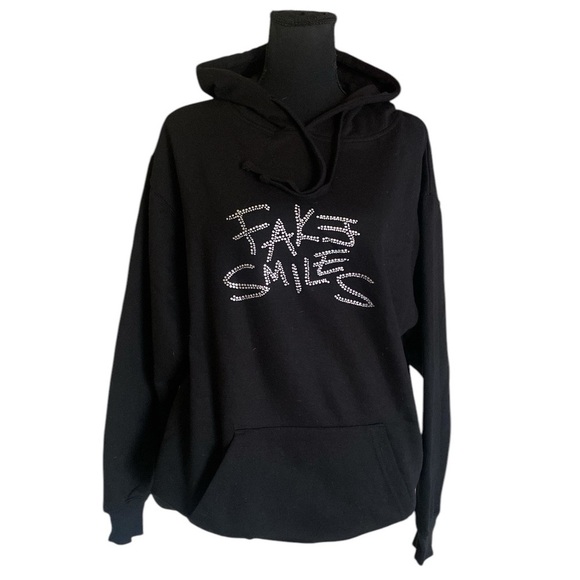 YOURS TRULY “FAKE SMILES” PHORA Fleece Hoodie Medium Black Silver Rhinestones - Picture 3 of 10